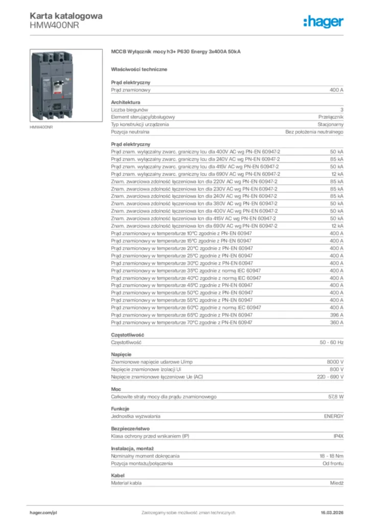 Zdjęcie Hager Karta katalogowa HMW400NR | Hager Polska
