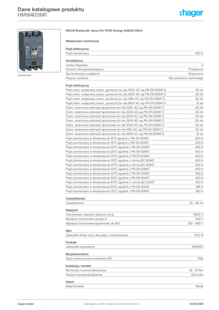 Zdjęcie Hager Karta katalogowa HMW400NR | Hager Polska