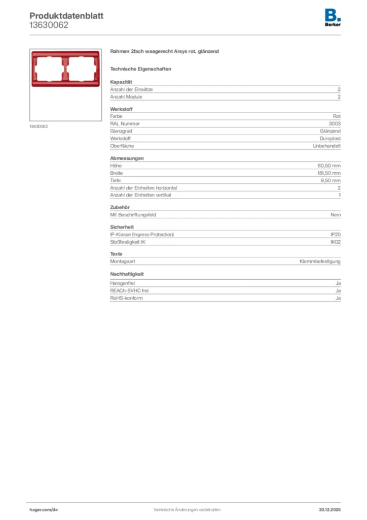 Bild Berker Produktdatenblatt 13630062 | Hager Deutschland