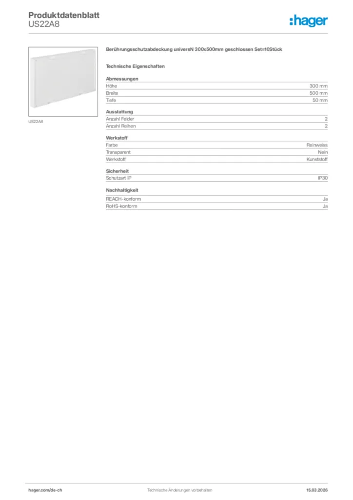 Bild Hager Produktdatenblatt US22A8 | Hager Schweiz