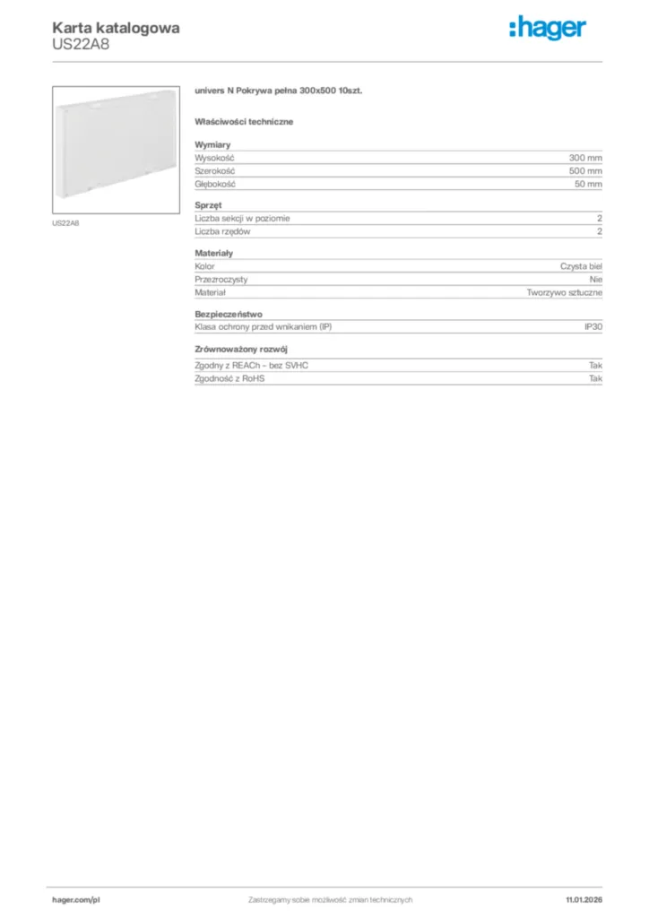 Zdjęcie Hager Karta katalogowa US22A8 | Hager Polska