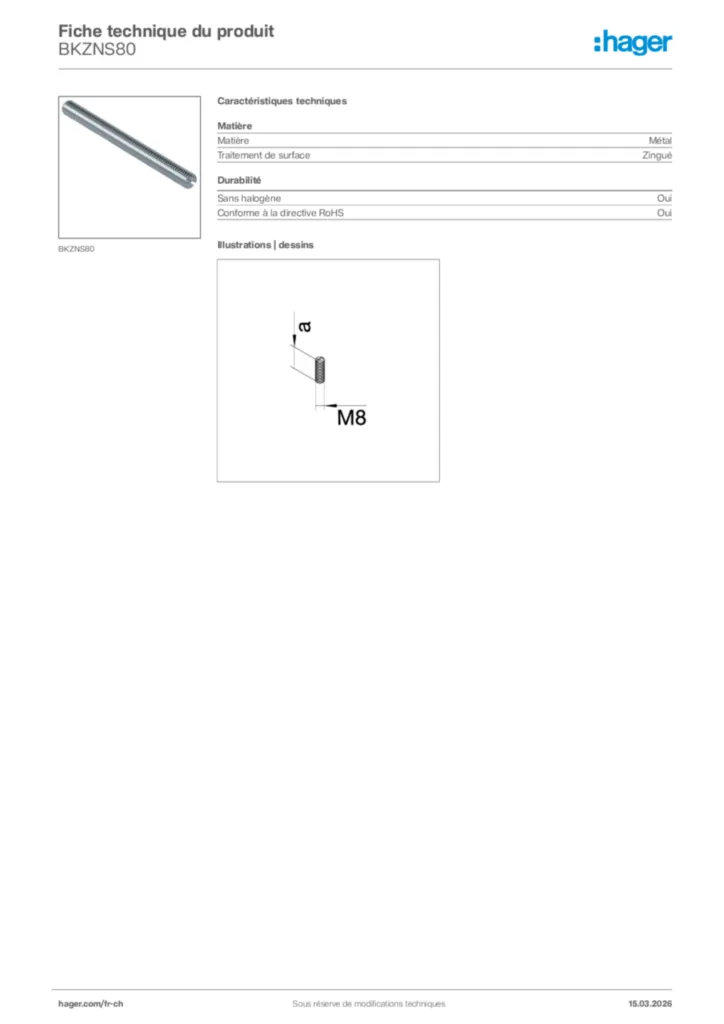 Image Hager Fiche technique du produit BKZNS80 | Hager Suisse