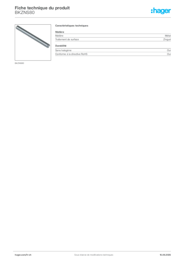 Image Hager Fiche technique du produit BKZNS80 | Hager Suisse