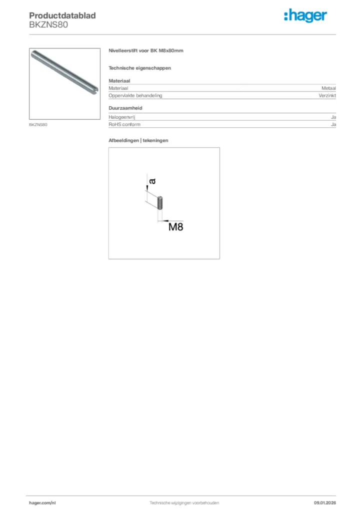 Afbeelding Hager Productdatablad BKZNS80 | Hager Nederland