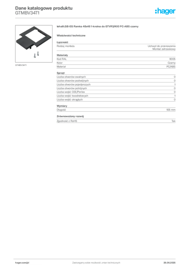 Zdjęcie Hager Karta katalogowa GTMBV34T1 | Hager Polska