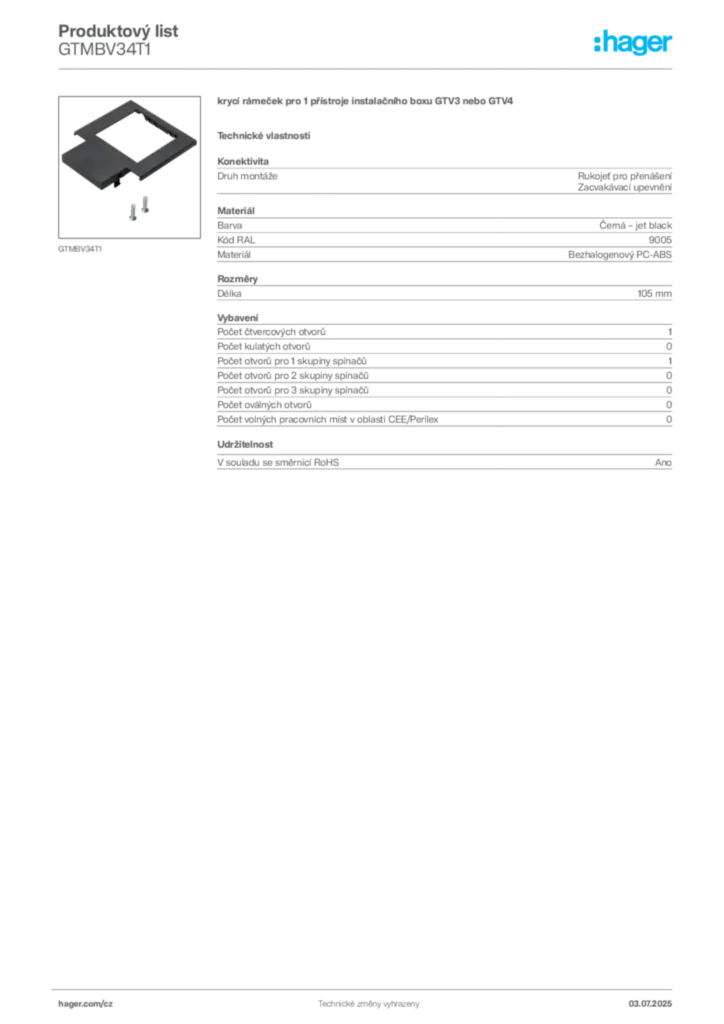 Obrázek Hager Produktový list GTMBV34T1 | Hager
