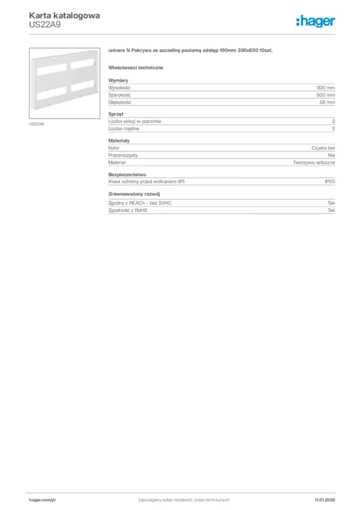 Zdjęcie Hager Karta katalogowa US22A9 | Hager Polska