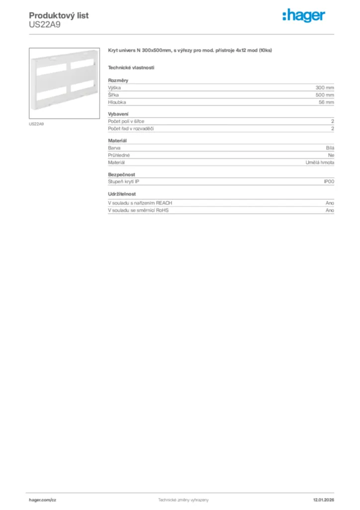 Obrázek Hager Product data sheet US22A9 | Hager