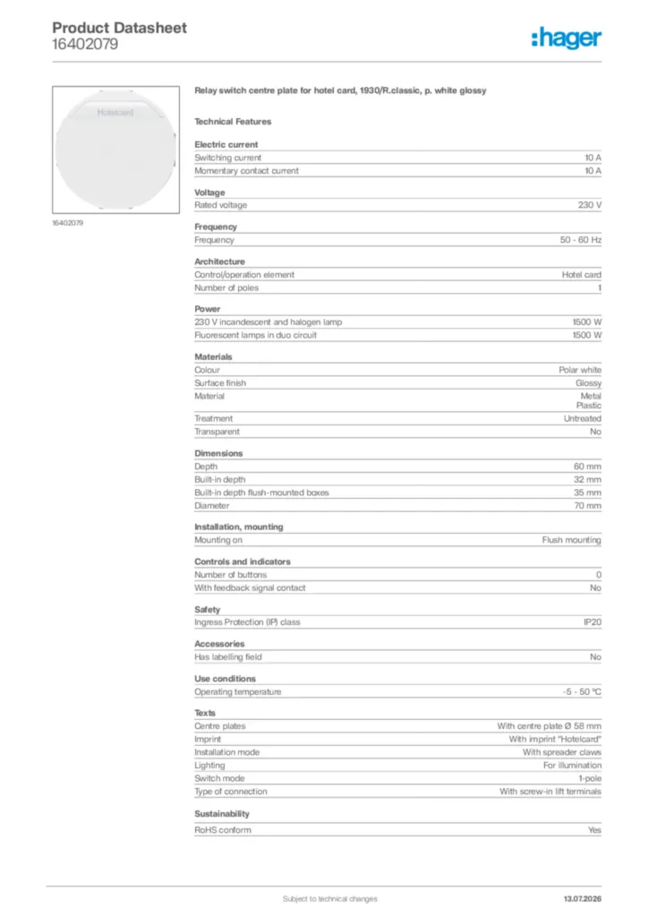 Image Hager Product data sheet 16402079  | Hager Africa
