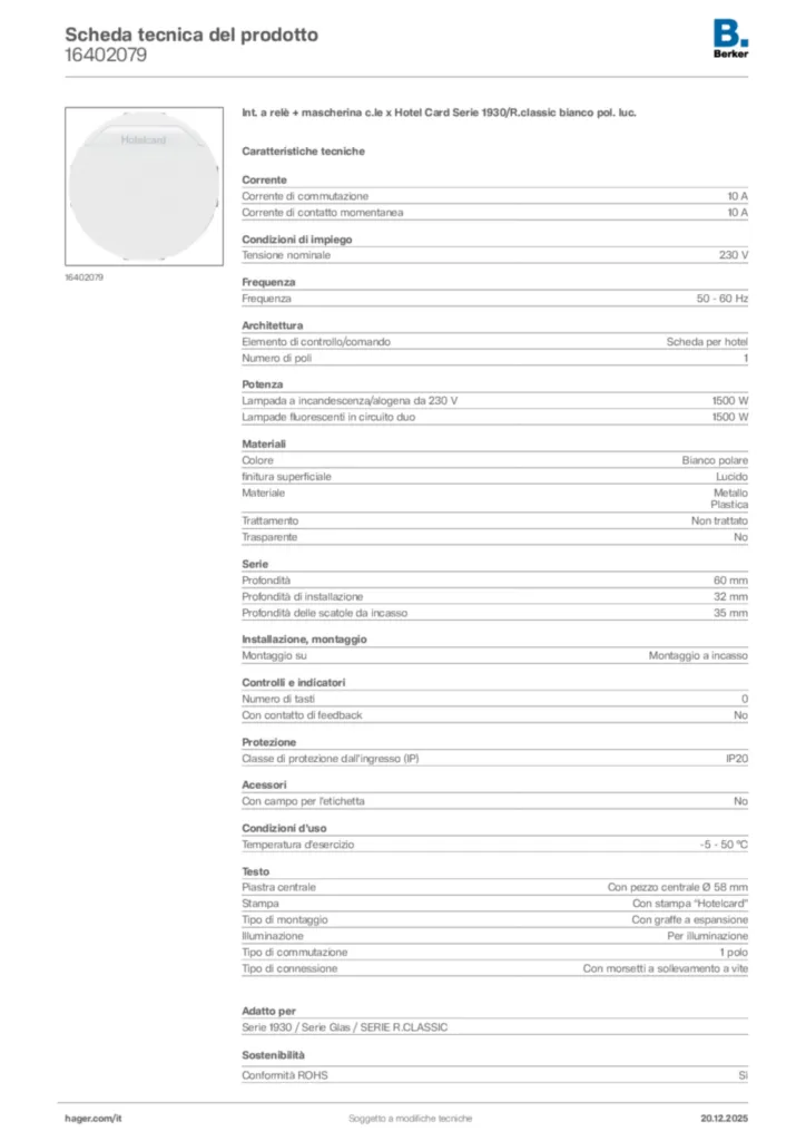 Immagine Berker Scheda tecnica del prodotto 16402079 | Hager Italia