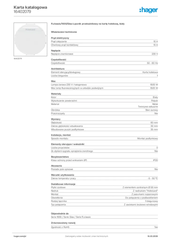 Zdjęcie Hager Karta katalogowa 16402079 | Hager Polska