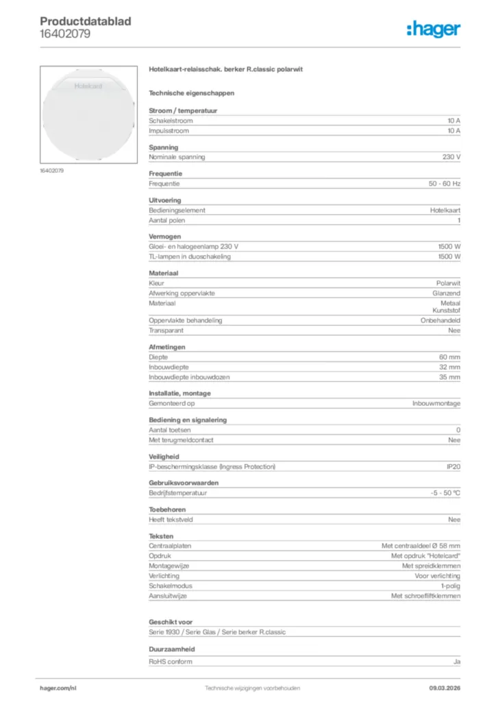 Afbeelding Hager Productdatablad 16402079 | Hager Nederland