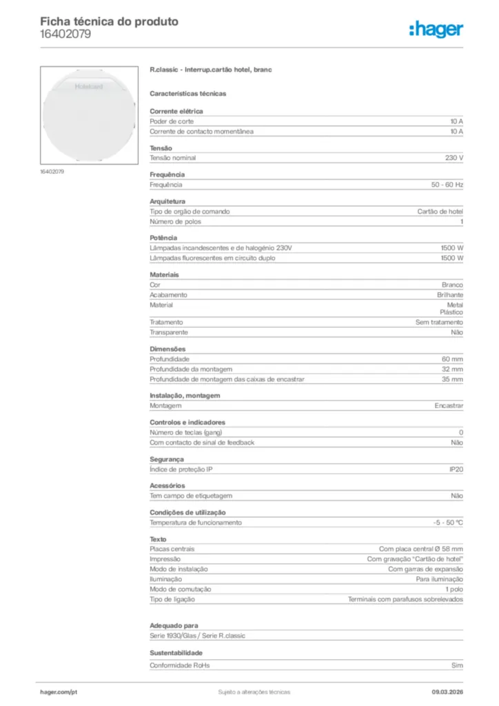 Imagem Hager Ficha técnica do produto 16402079 | Hager Portugal