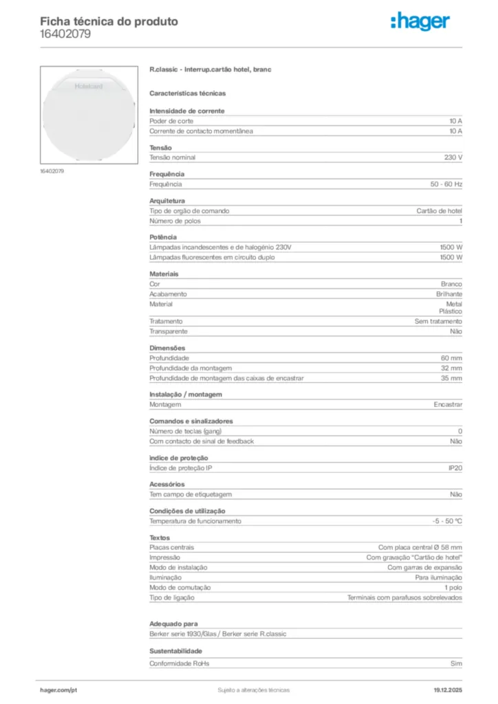 Imagem Hager Ficha técnica do produto 16402079 | Hager Portugal