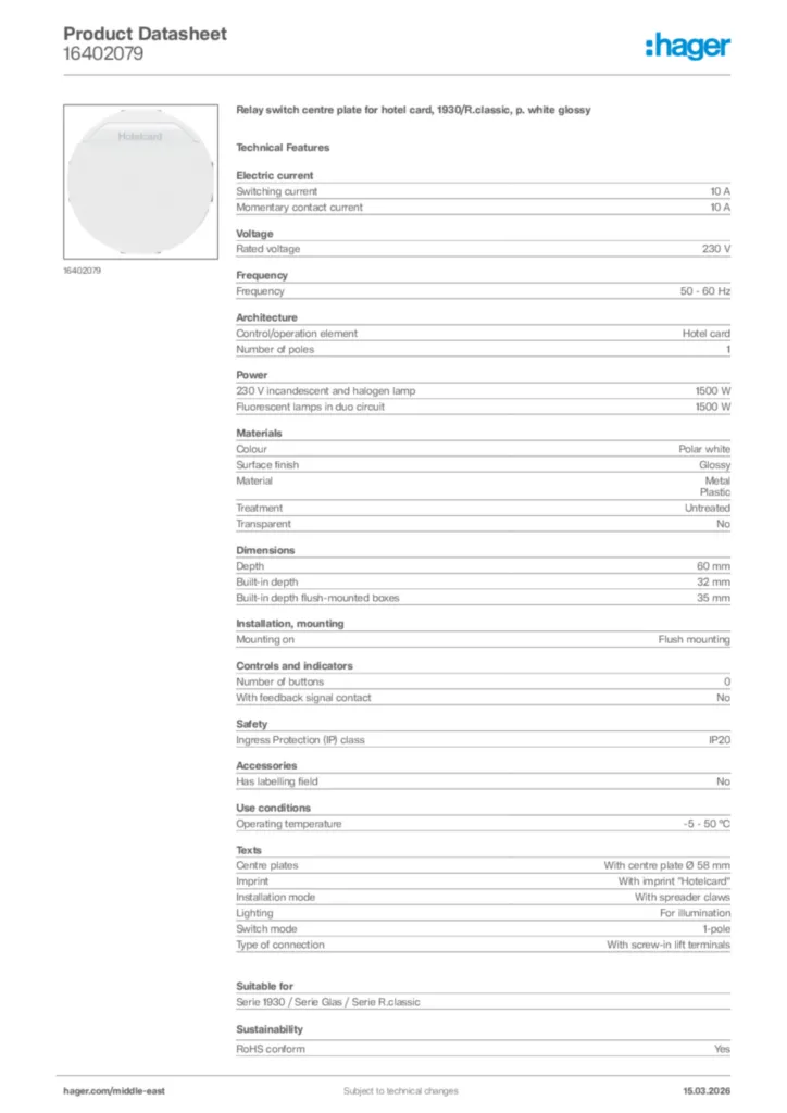 Image Hager Product data sheet 16402079  | Hager