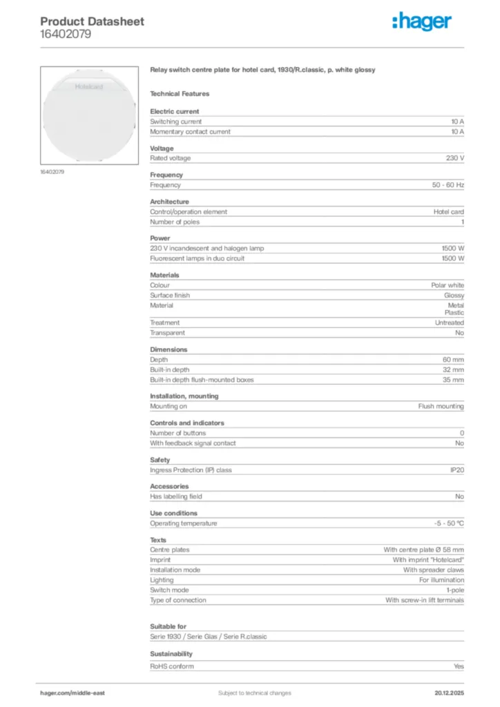 Image Hager Product data sheet 16402079  | Hager