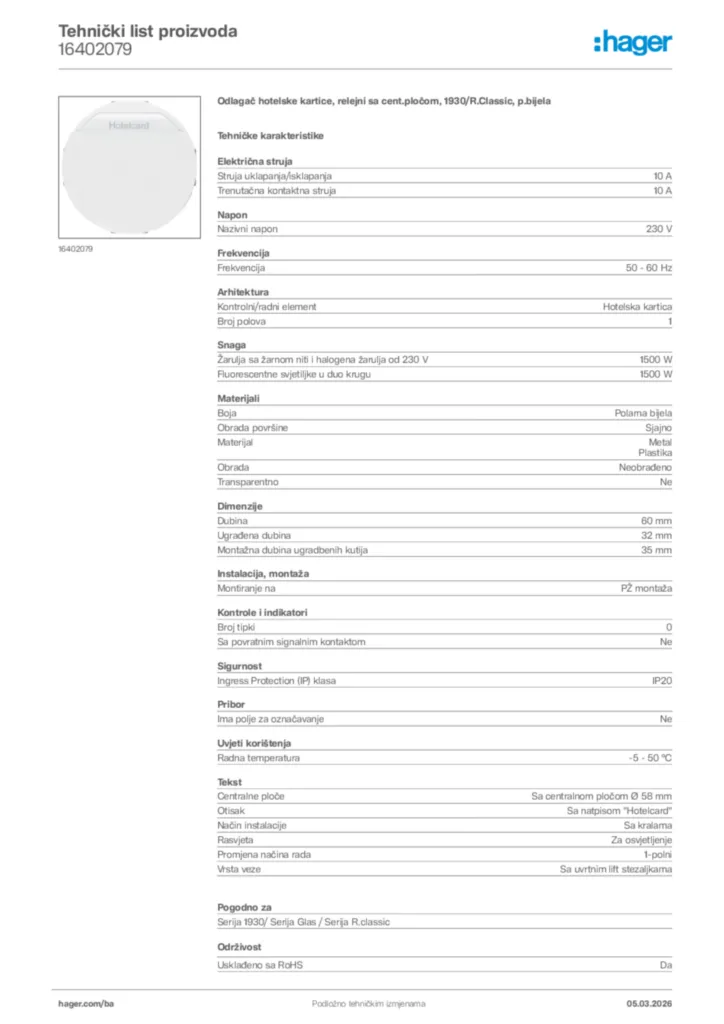 Slika Hager Tehnički list proizvoda 16402079  | Hager