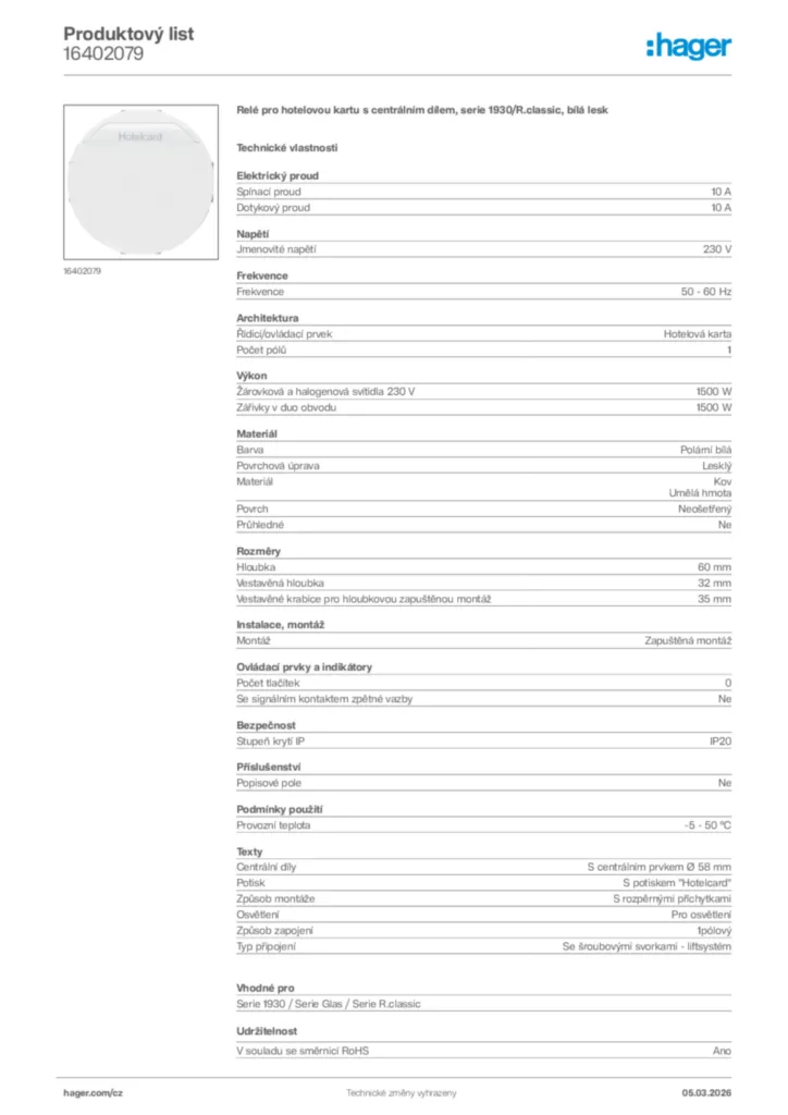 Obrázek Hager Product data sheet 16402079 | Hager