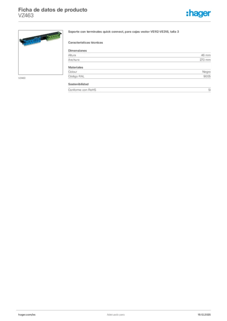 Imagen Hager Ficha de datos de producto VZ463 | Hager España
