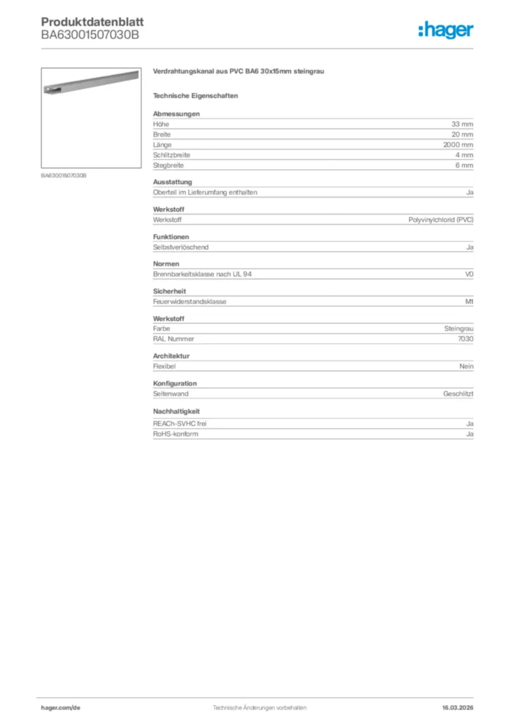Bild Hager Produktdatenblatt BA63001507030B | Hager Deutschland