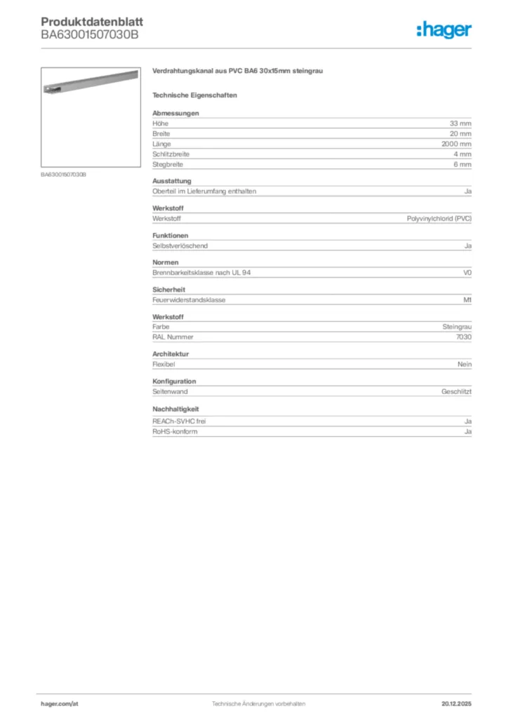 Bild Hager Produktdatenblatt BA63001507030B | Hager Deutschland