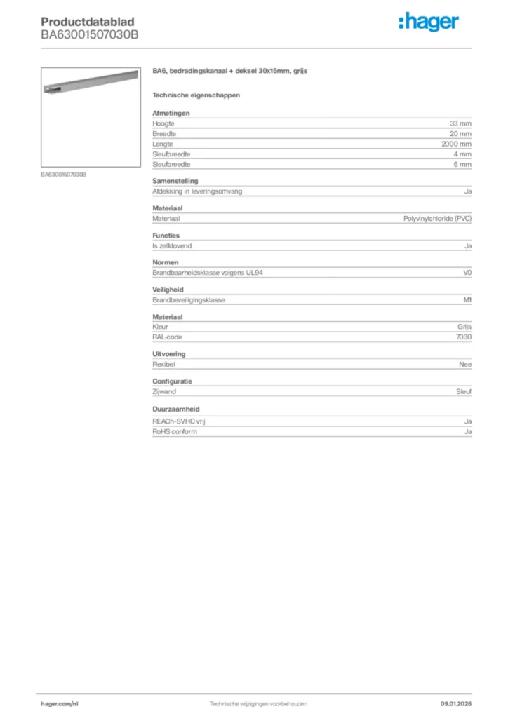 Afbeelding Hager Productdatablad BA63001507030B | Hager Nederland