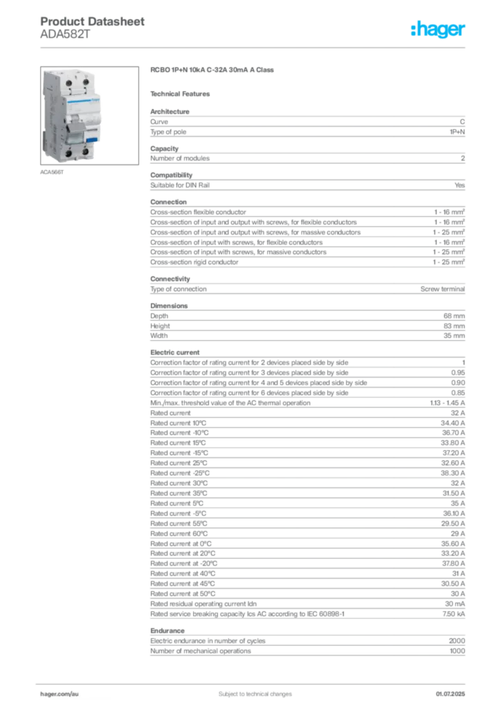 Image Hager Product data sheet ADA582T  | Hager Australia