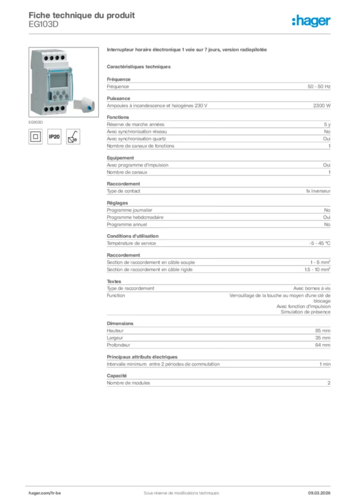 Image Hager Fiche technique du produit EG103D | Hager Belgique