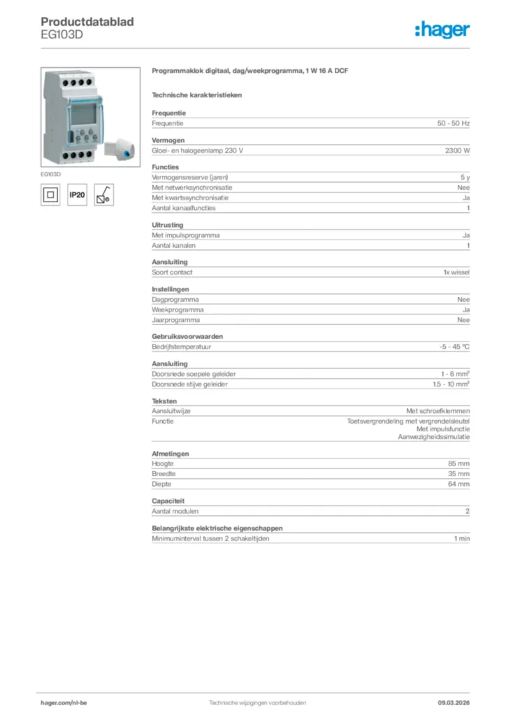 Afbeelding Hager Productdatablad EG103D | Hager Belgium