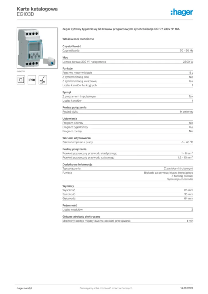 Zdjęcie Hager Karta katalogowa EG103D | Hager Polska