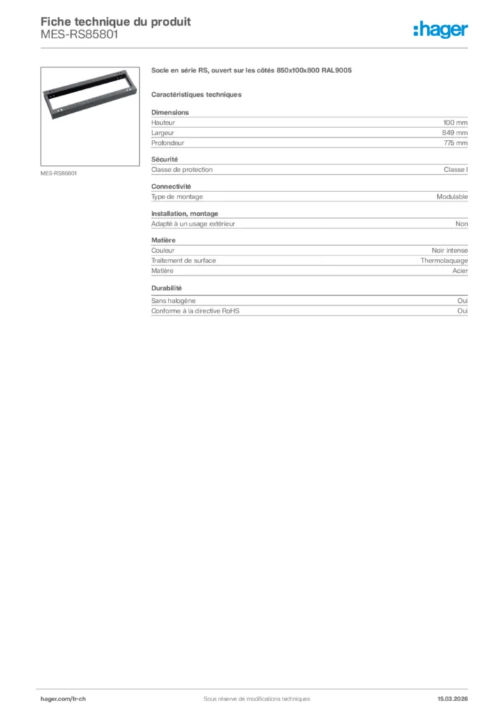 Image Hager Fiche technique du produit MES-RS85801 | Hager Suisse