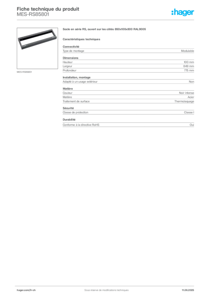 Image Hager Fiche technique du produit MES-RS85801 | Hager Suisse