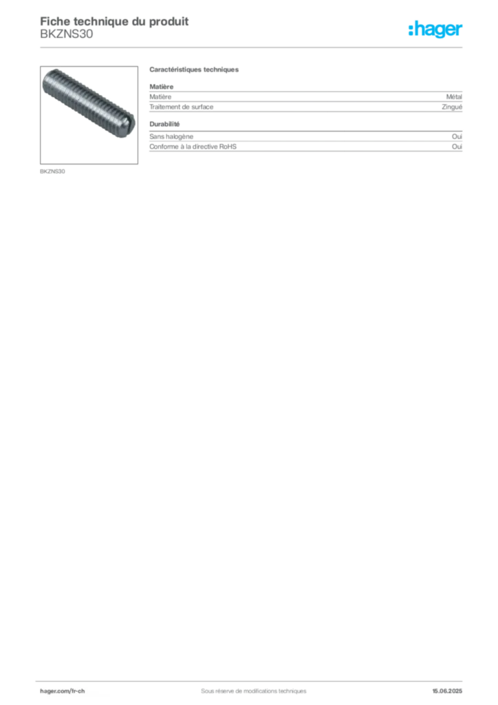 Image Hager Fiche technique du produit BKZNS30 | Hager Suisse