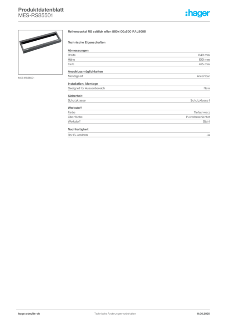 Bild Hager Produktdatenblatt MES-RS85501 | Hager Schweiz