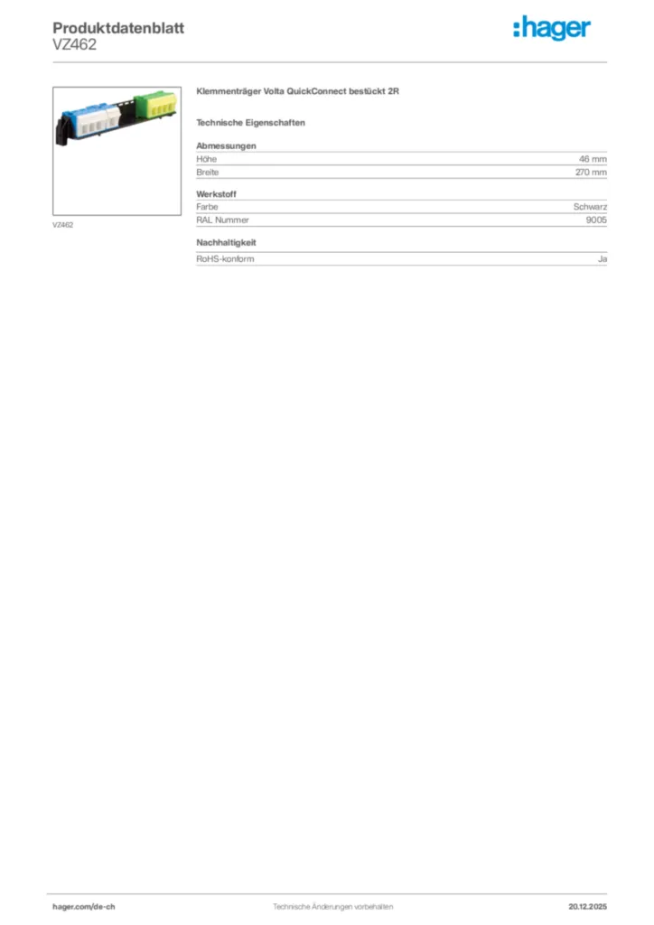 Bild Hager Produktdatenblatt VZ462 | Hager Schweiz