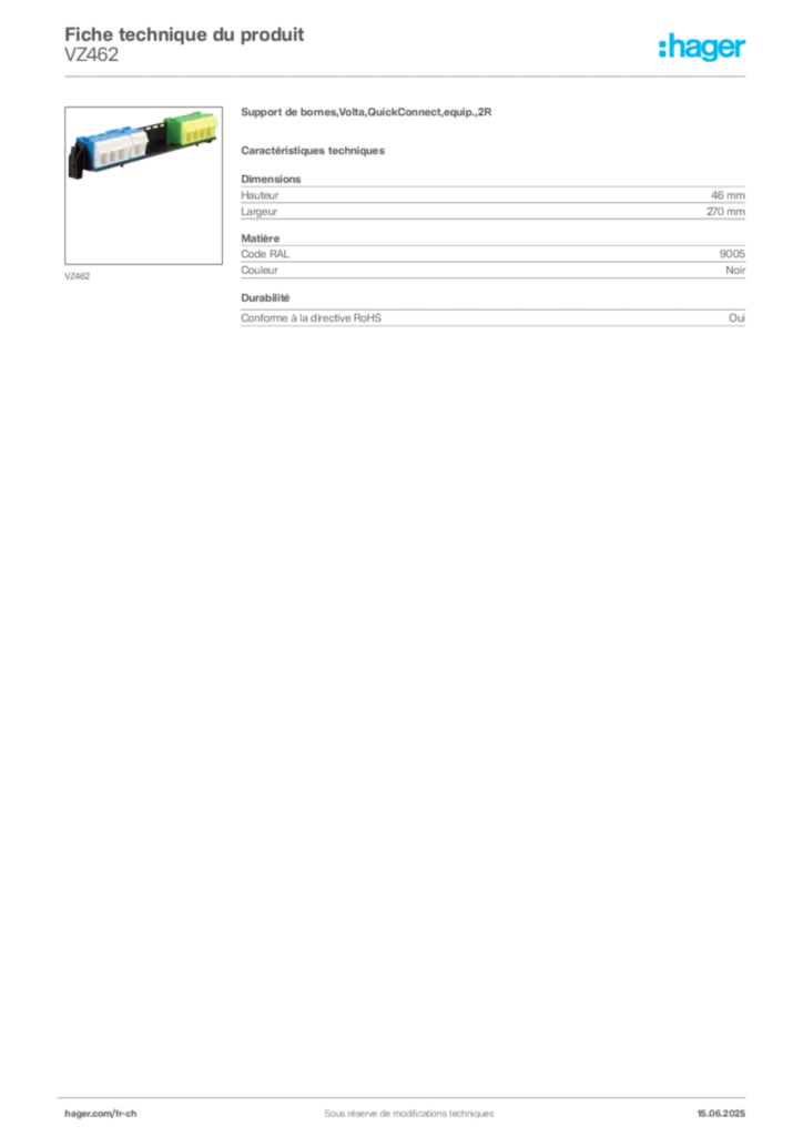 Image Hager Fiche technique du produit VZ462 | Hager Suisse