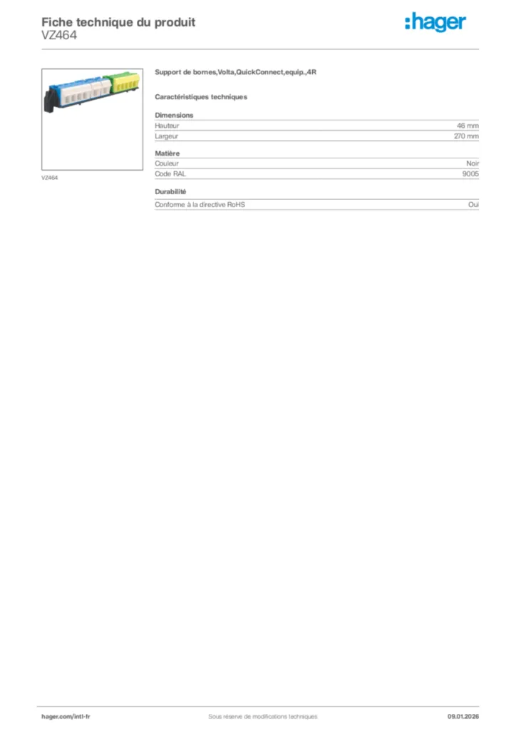 Image Hager Fiche technique du produit VZ464 | Hager Afrique