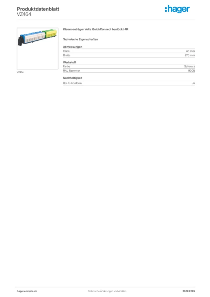 Bild Hager Produktdatenblatt VZ464 | Hager Schweiz