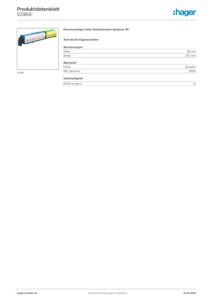 Bild Hager Produktdatenblatt VZ464 | Hager Schweiz