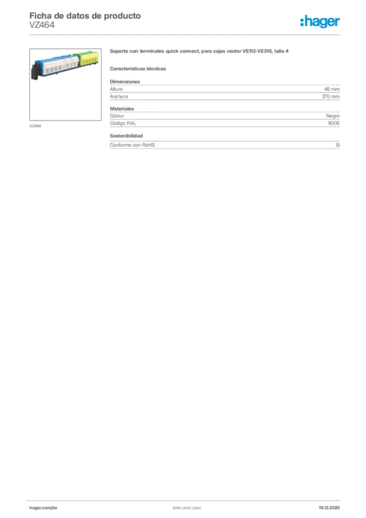 Imagen Hager Ficha de datos de producto VZ464 | Hager España