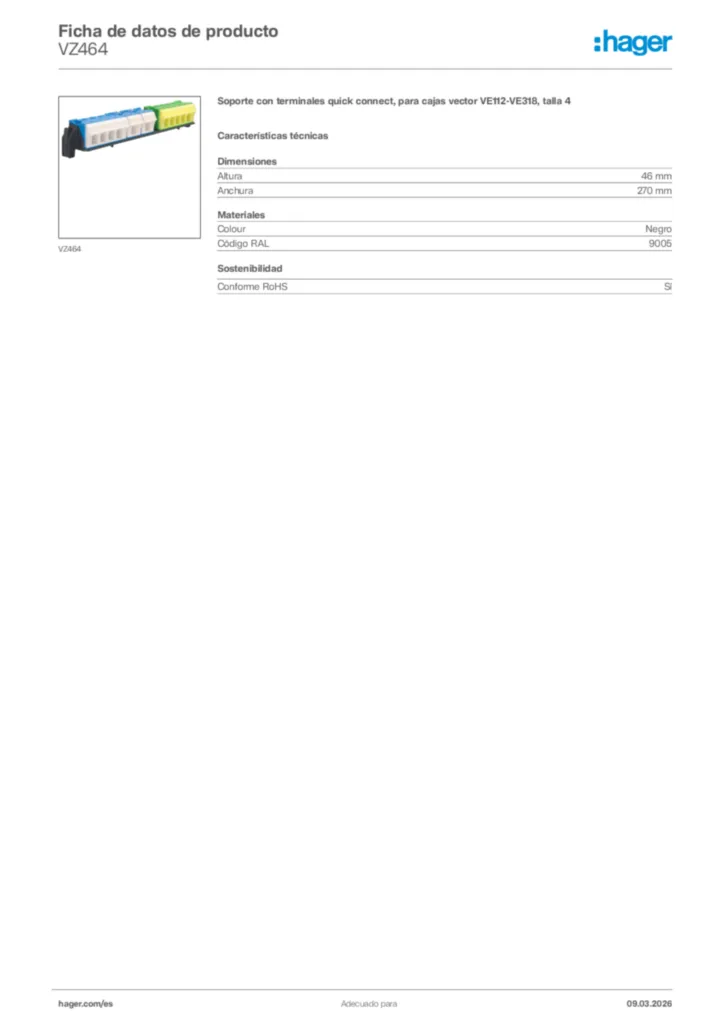 Imagen Hager Ficha de datos de producto VZ464 | Hager España