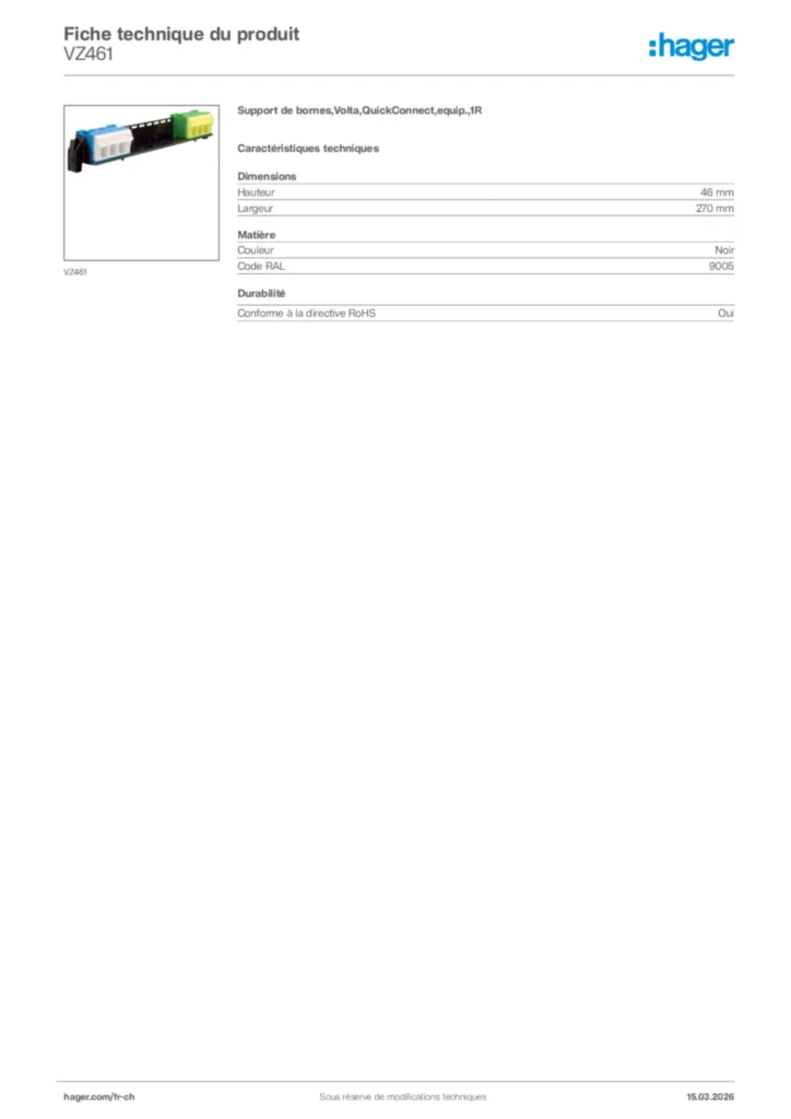 Image Hager Fiche technique du produit VZ461 | Hager Suisse