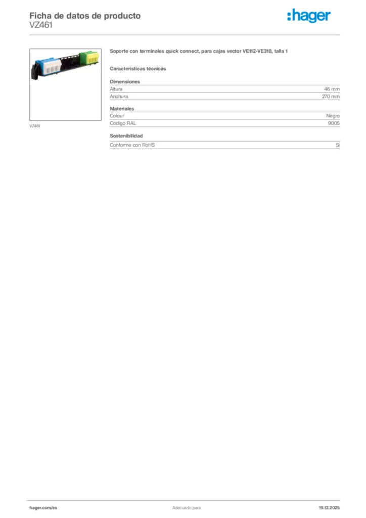 Imagen Hager Ficha de datos de producto VZ461 | Hager España