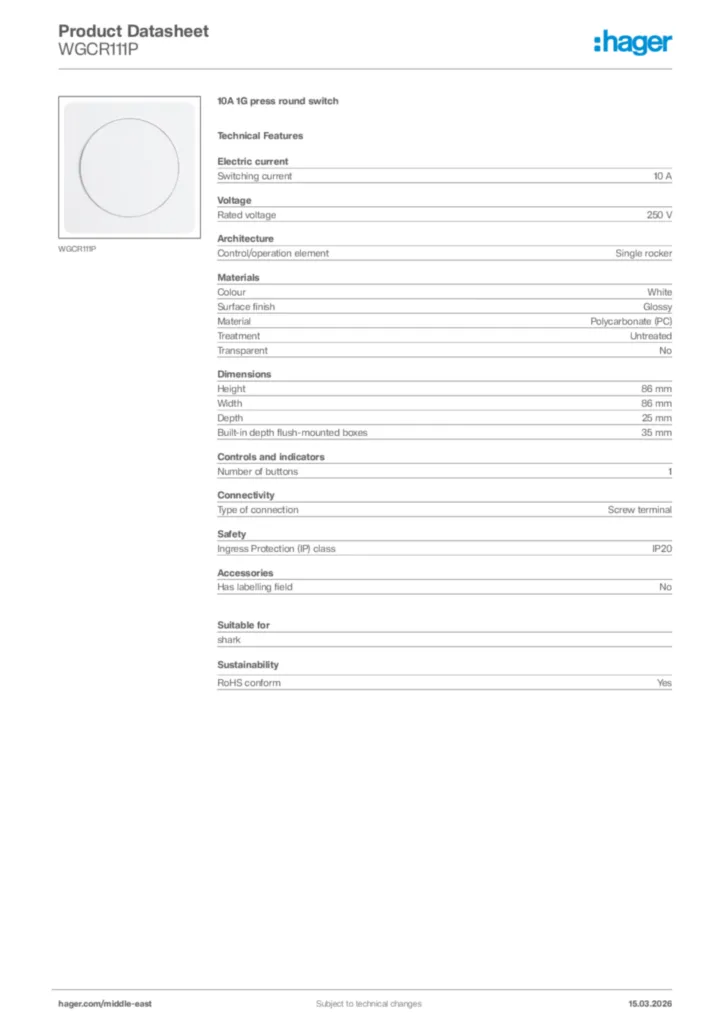 Image Hager Product data sheet WGCR111P  | Hager