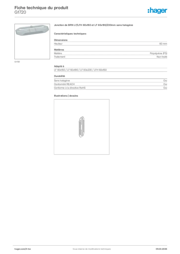Image Hager Fiche technique du produit G1720 | Hager Belgique
