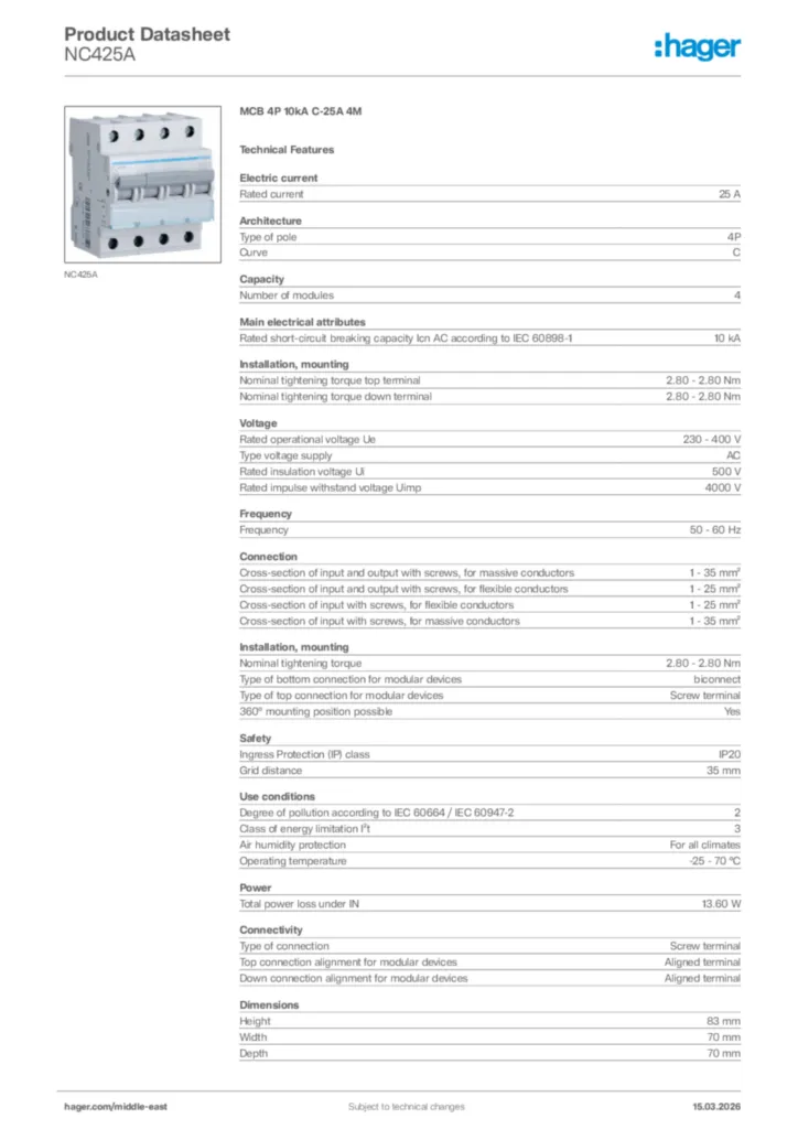 Image Hager Product data sheet NC425A  | Hager