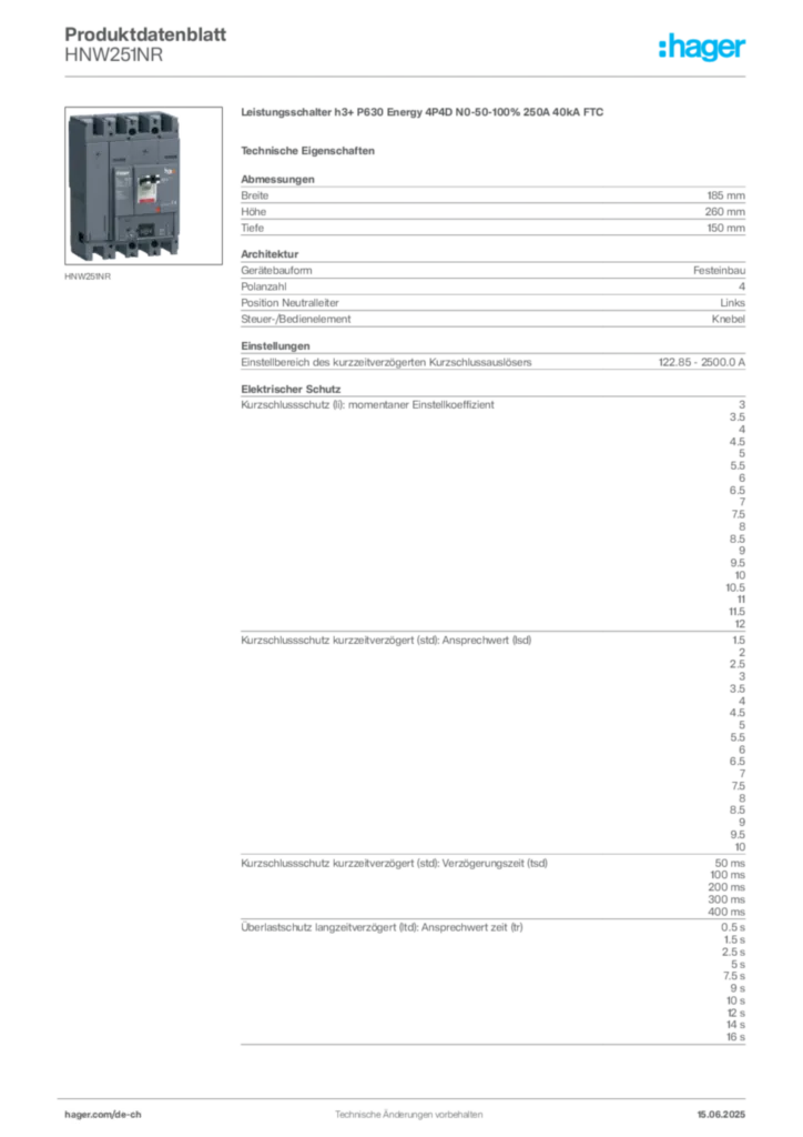 Bild Hager Produktdatenblatt HNW251NR | Hager Schweiz