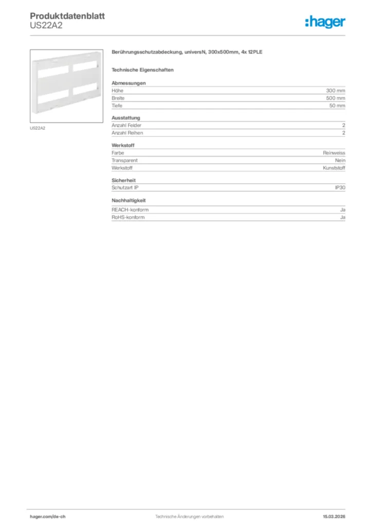 Bild Hager Produktdatenblatt US22A2 | Hager Schweiz
