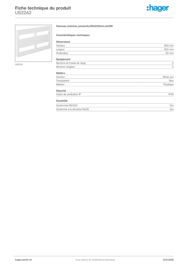 Image Hager Fiche technique du produit US22A2 | Hager Suisse
