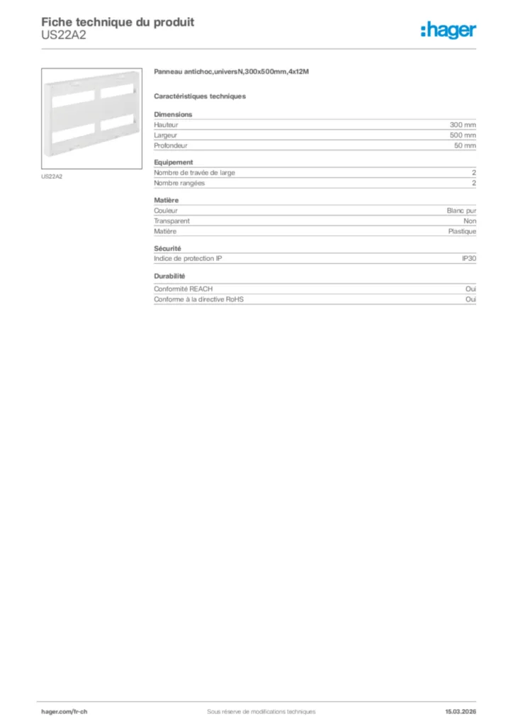 Image Hager Fiche technique du produit US22A2 | Hager Suisse